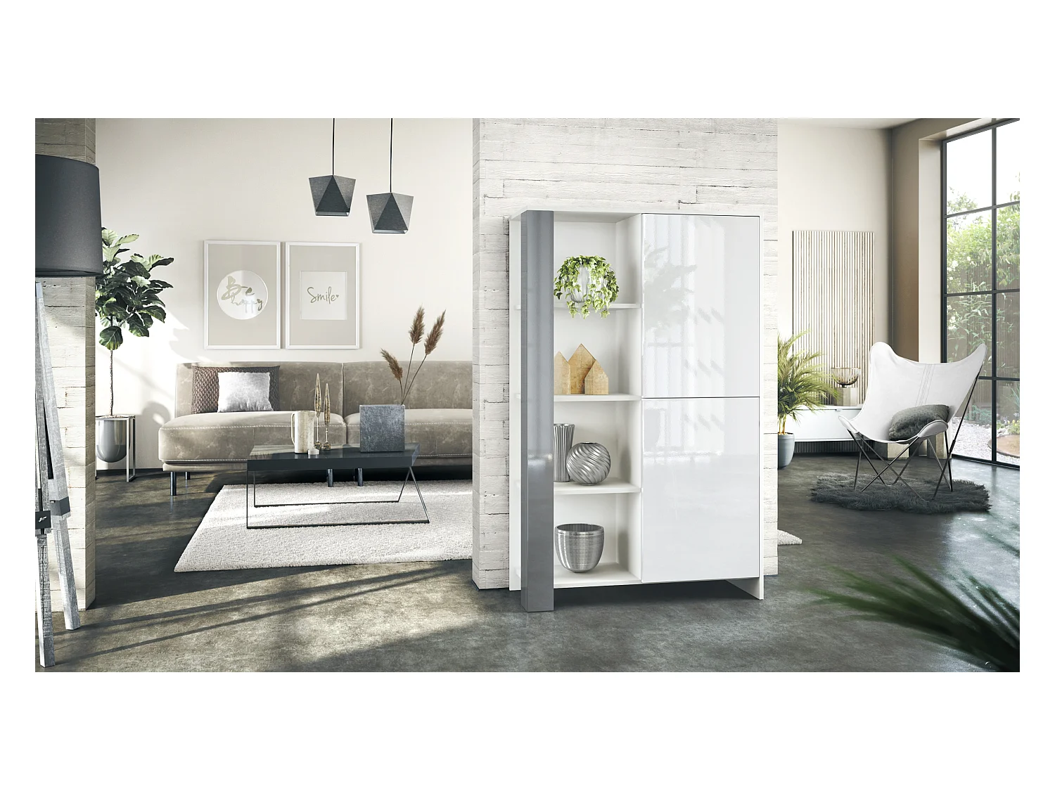 Buffet Haut Canto, meuble haut avec 2 portes et 8 compartiments, corps blanc mat, façades blanc brillant, panneaux décoratifs gris brillant (95 x 151,5 x 36 cm)