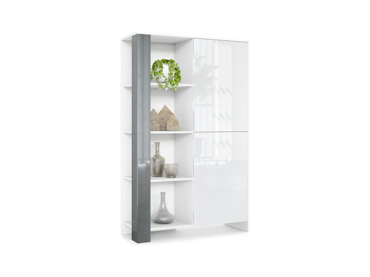 Buffet Haut Canto, meuble haut avec 2 portes et 8 compartiments, corps blanc mat, façades blanc brillant, panneaux décoratifs gris brillant (95 x 151,5 x 36 cm)