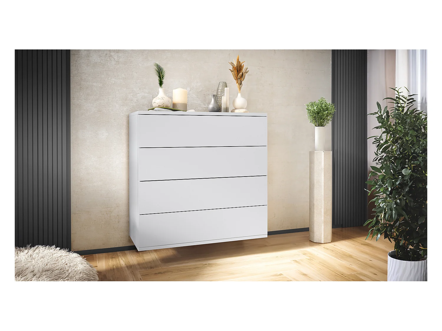 Commode suspendue Pavos V3, Buffet avec 4 tiroirs blanc mat/blanc mat (76 x 76 x 35 cm)
