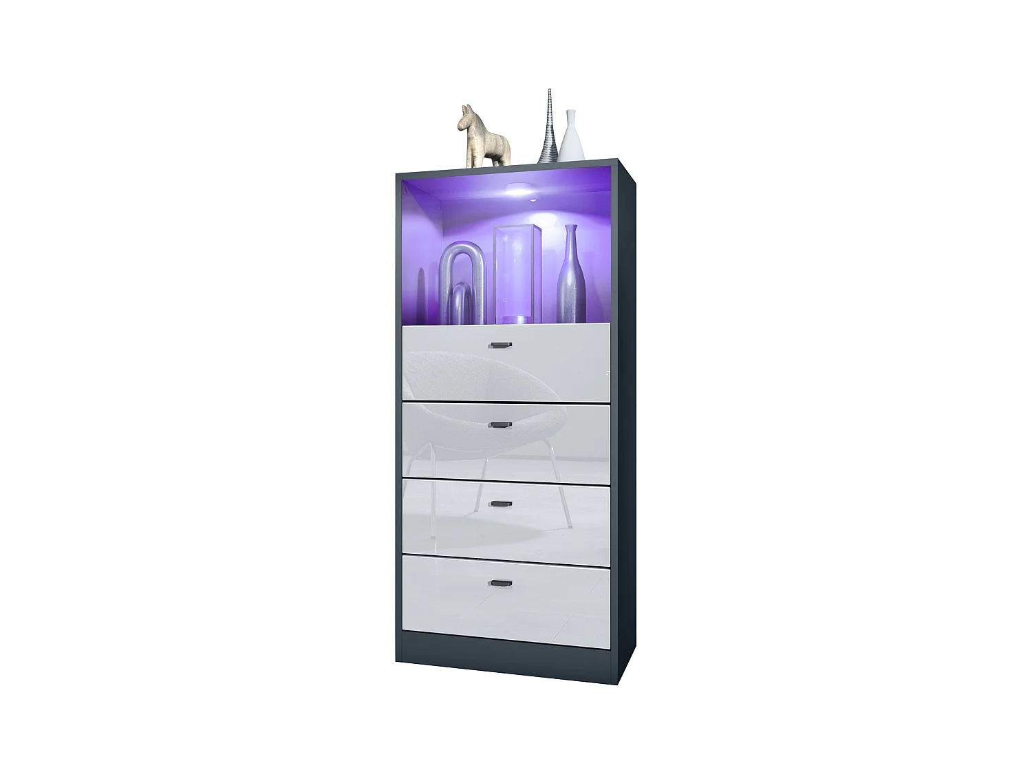Commode Buffet Pino V3, avec 4 tiroirs & 1 compartiment ouvert, Anthracite mat/Blanc haute brillance avec éclairage LED RVB (56 x 125 x 36 cm)