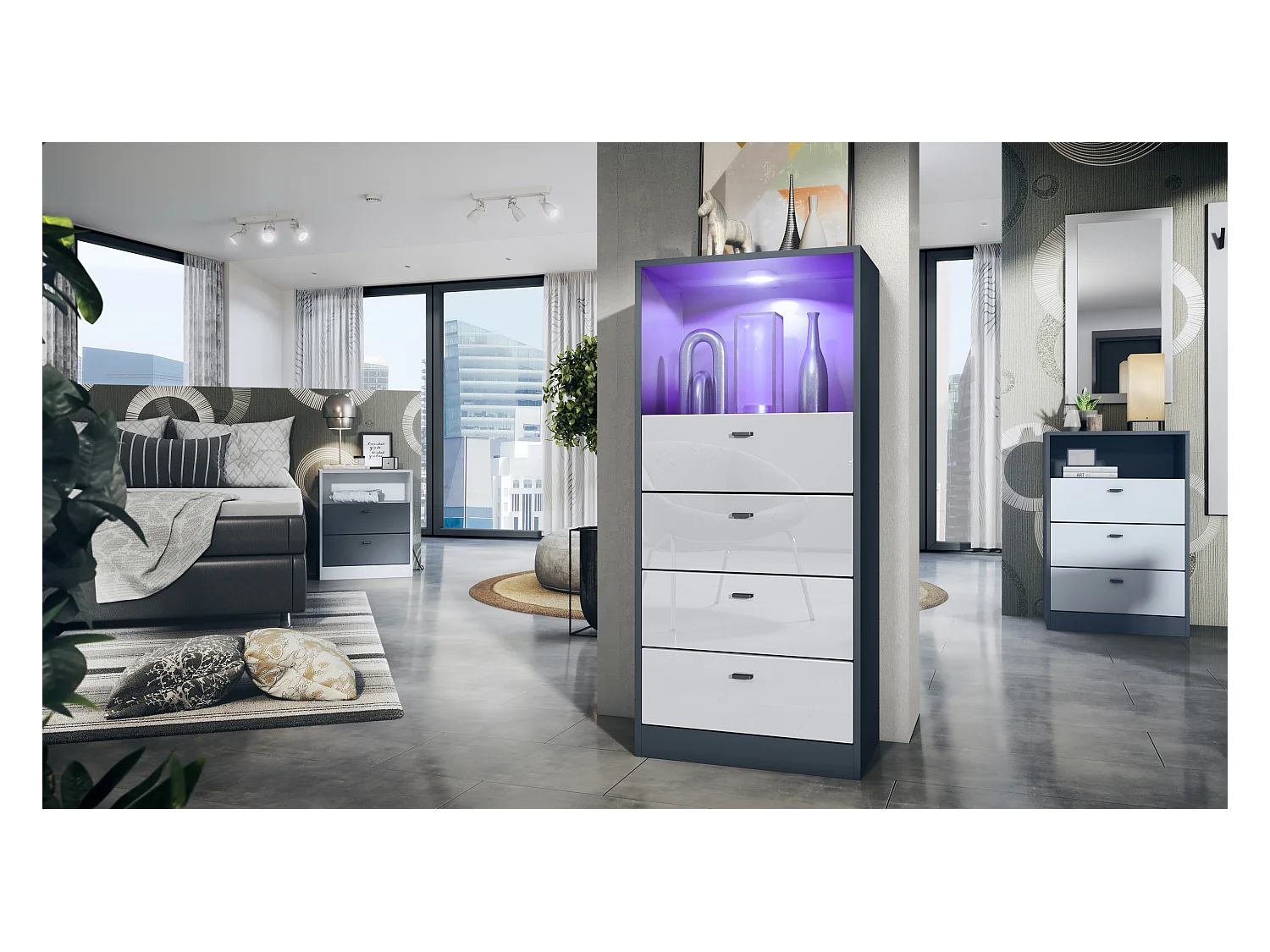 Commode Buffet Pino V3, avec 4 tiroirs & 1 compartiment ouvert, Anthracite mat/Blanc haute brillance avec éclairage LED RVB (56 x 125 x 36 cm)