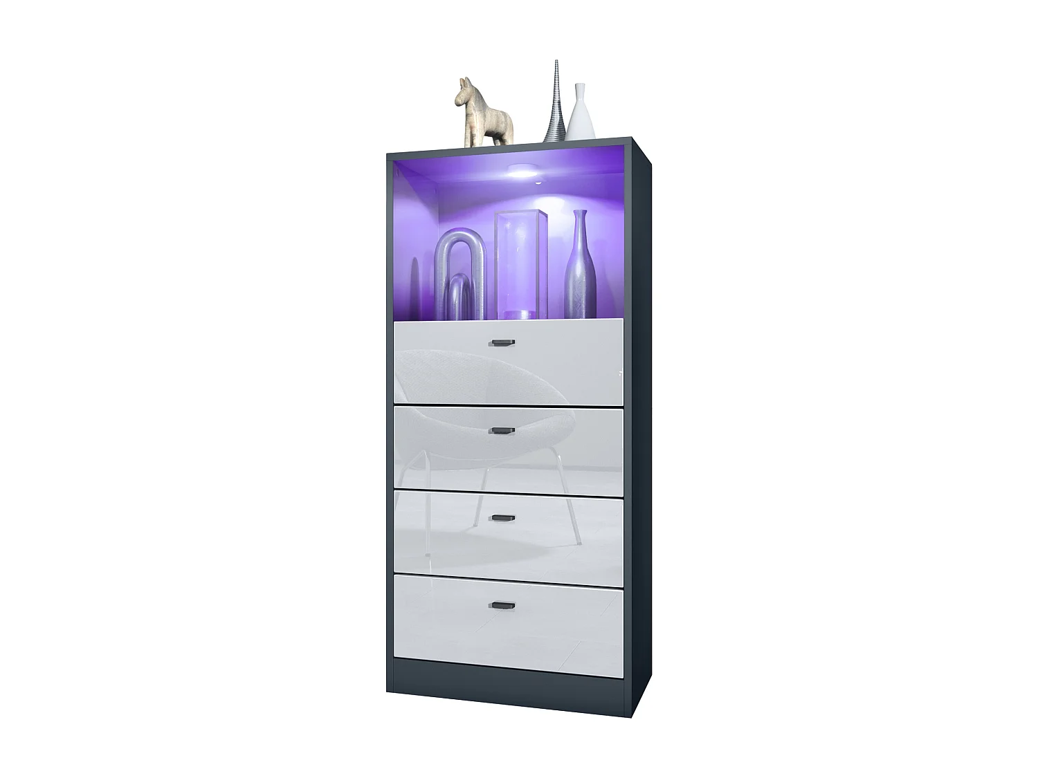 Cassettiera Pino V3, Credenza con 4 cassetti e 1 vano a giorno, antracite/bianco lucido con LED RGB (56 x 125 x 36 cm)