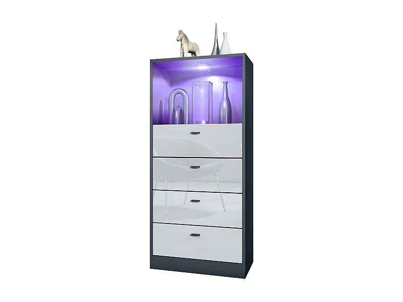 Cassettiera Pino V3, Credenza con 4 cassetti e 1 vano a giorno, antracite/bianco lucido con LED RGB (56 x 125 x 36 cm)