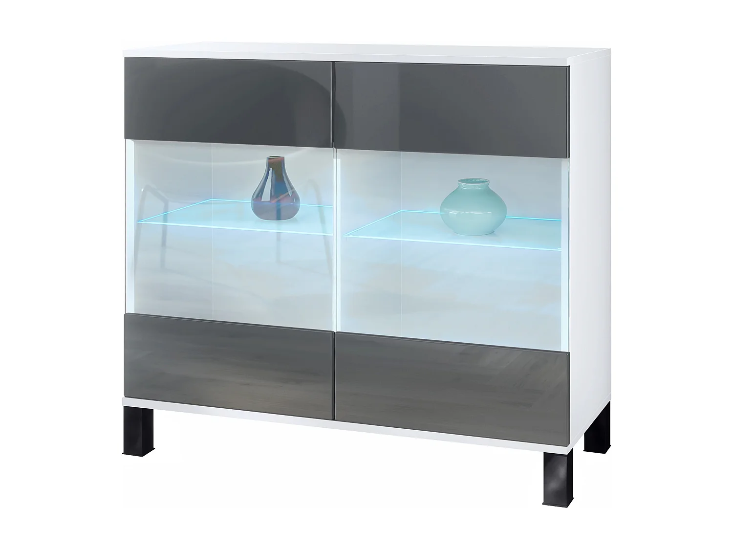 Commode Bari V3, Armoire de cuisine moderne avec 2 grandes portes vitrées incl. éclairage RGB blanc mat / gris haute brillance (92,5 x 84.5 x 35)