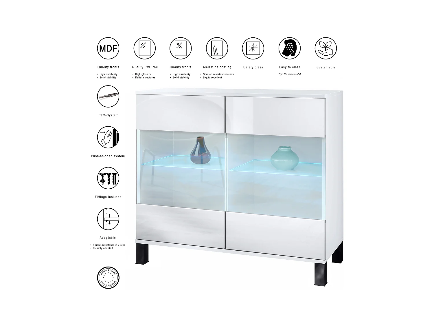 Commode Bari V3, Armoire de cuisine moderne avec 2 grandes portes vitrées incl. éclairage RGB blanc mat / gris haute brillance (92,5 x 84.5 x 35)