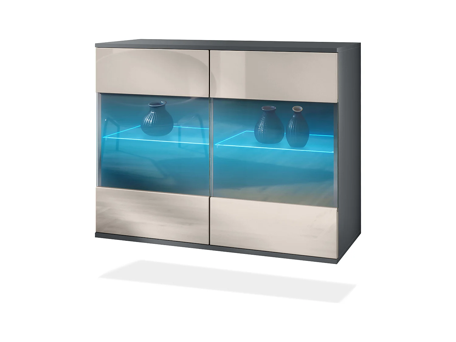 Commode Bari V3, Armoire de cuisine moderne avec 2 grandes portes vitrées incl. éclairage RGB anthracite mat / gris sable haute brillance (92,5 x 73.5 x 35)