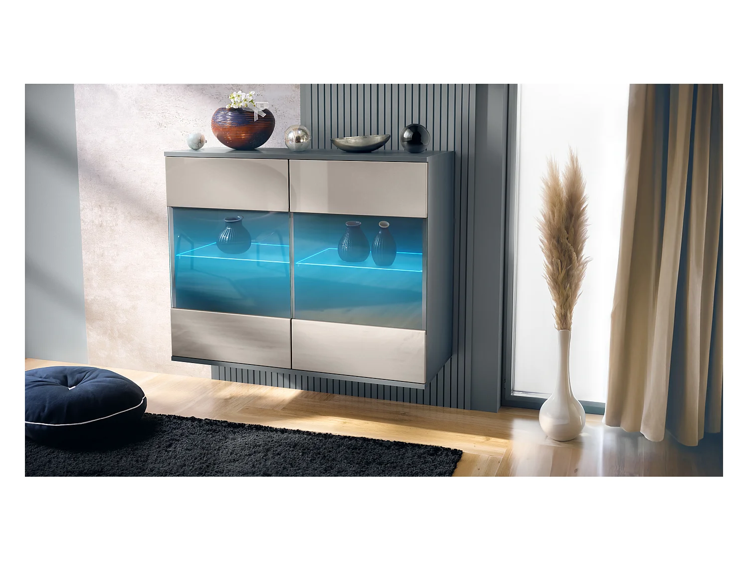 Commode Bari V3, Armoire de cuisine moderne avec 2 grandes portes vitrées incl. éclairage RGB anthracite mat / gris sable haute brillance (92,5 x 73.5 x 35)