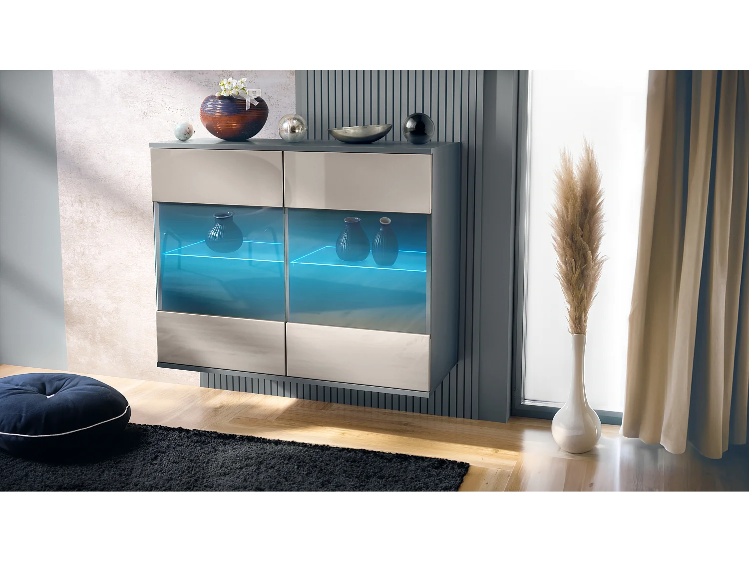 Cassettiera Bari V3, Mobile da cucina moderno con 2 grandi ante in vetro incl. illuminazione RGB antracite opaco  / grigio sabbia lucido (92,5 x 73.5 x 35)