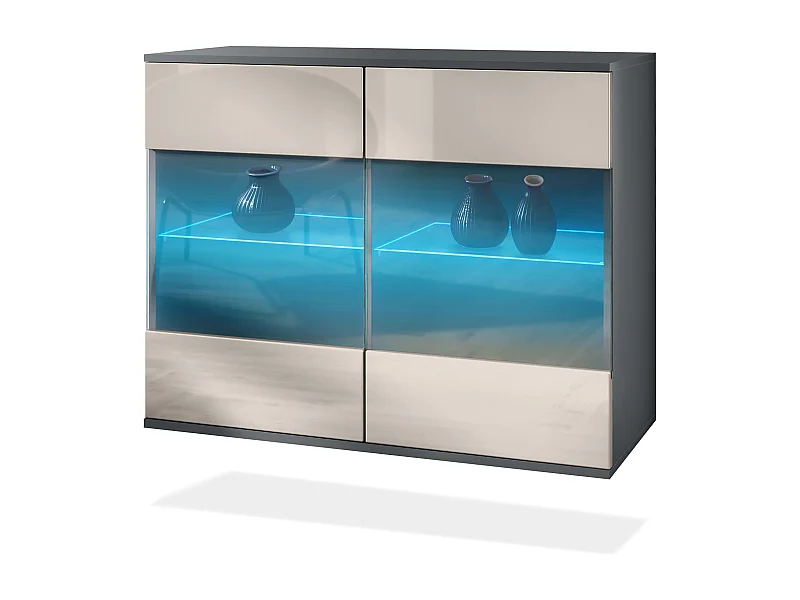 Cassettiera Bari V3, Mobile da cucina moderno con 2 grandi ante in vetro incl. illuminazione RGB antracite opaco  / grigio sabbia lucido (92,5 x 73.5 x 35)