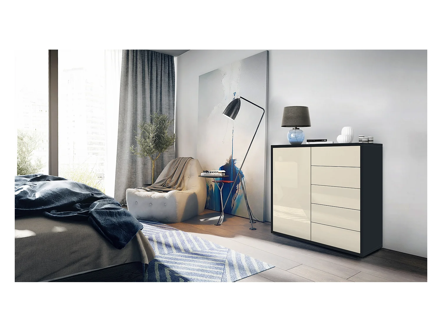 Buffet Ben V2, Commode avec 1 portes et 5 tiroirs, Noir mat/Crème haute brillance (79 x 74 x 36 cm)