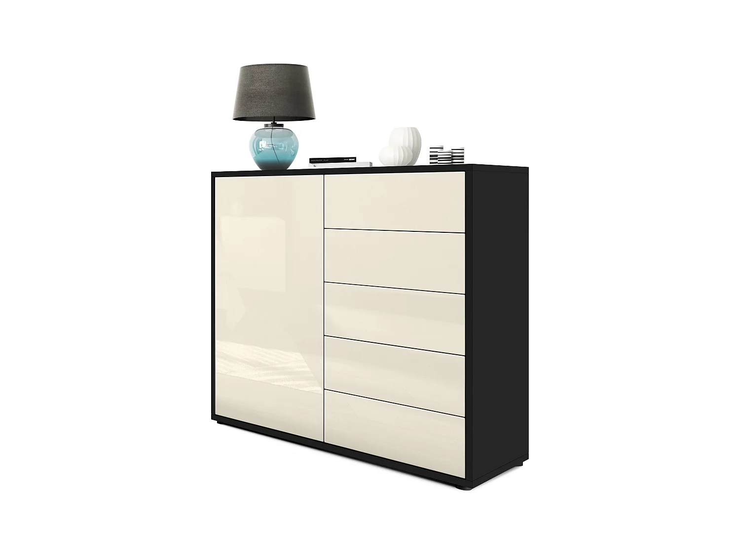 Buffet Ben V2, Commode avec 1 portes et 5 tiroirs, Noir mat/Crème haute brillance (79 x 74 x 36 cm)