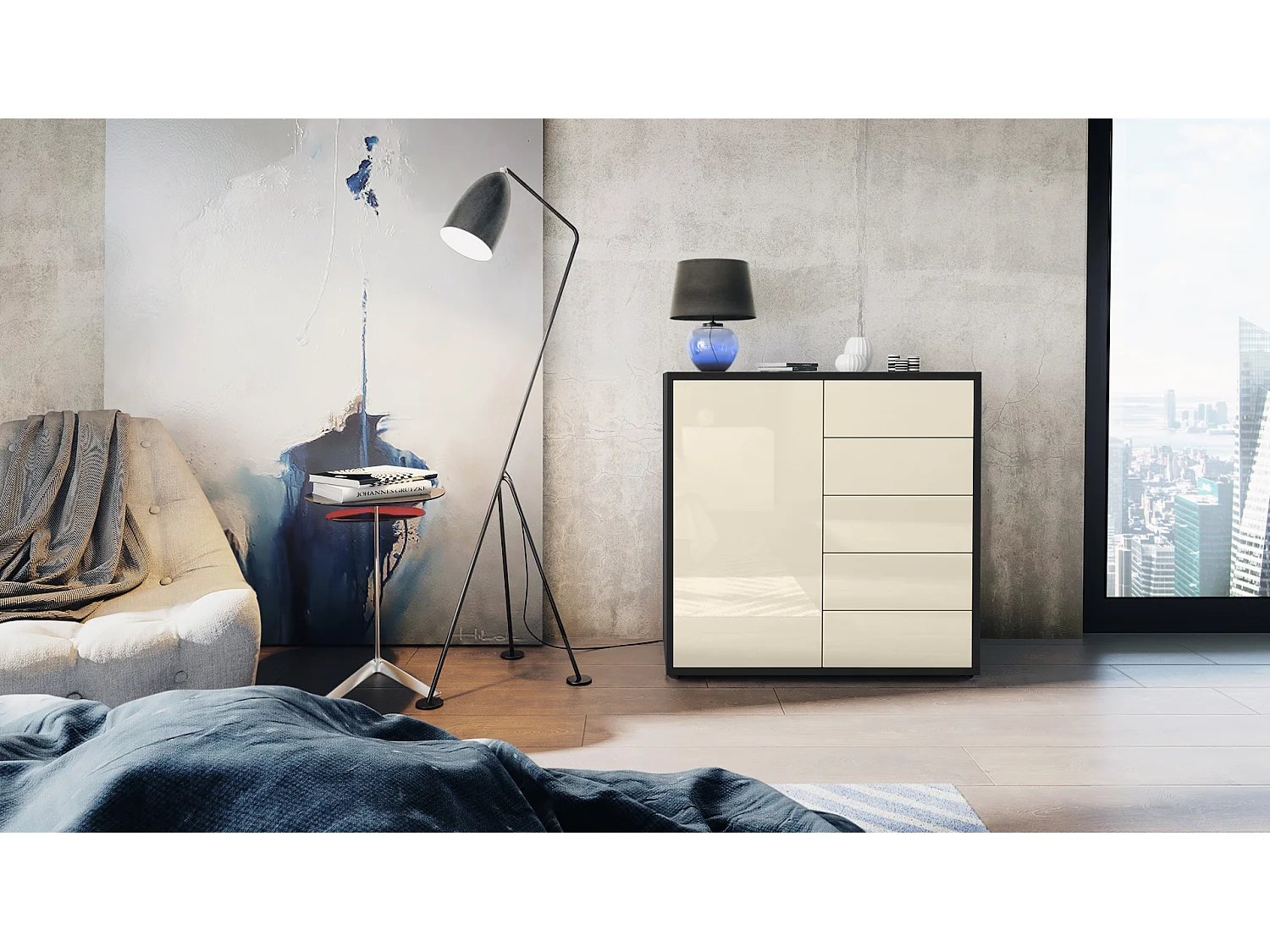 Madia  Ben V2, mobile con 1 anta e 5 cassetti, nero opaco/bianco lucido (79 x 74 x 36 cm)