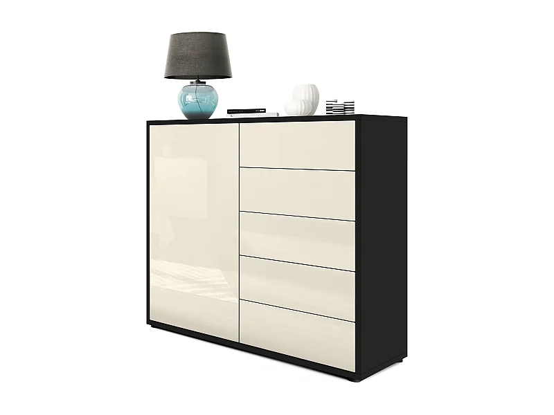 Buffet Ben V2, Commode avec 1 portes et 5 tiroirs, Noir mat/Crème haute brillance (79 x 74 x 36 cm)