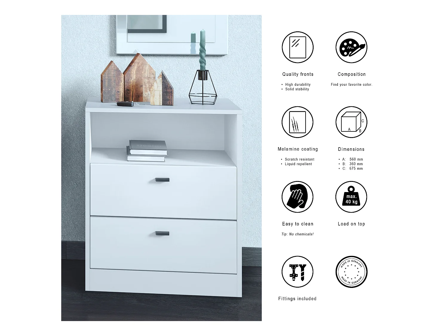 Buffet Pino V1, table de chevet avec 2 tiroirs & 1 compartiment ouvert,blanche mat/Blanc mat sans LED (56 x 67,5 x 36 cm)