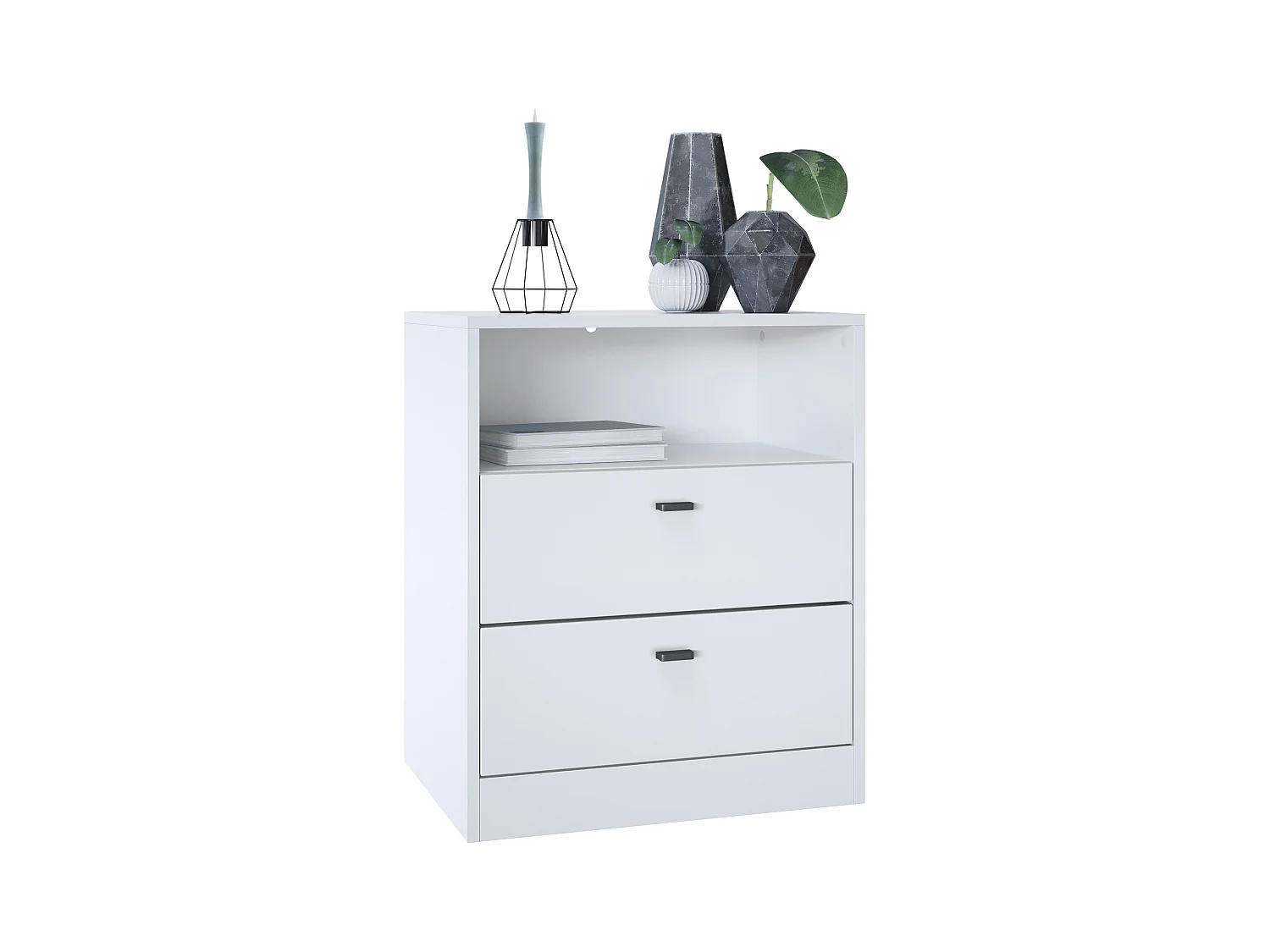 Buffet Pino V1, table de chevet avec 2 tiroirs & 1 compartiment ouvert,blanche mat/Blanc mat sans LED (56 x 67,5 x 36 cm)