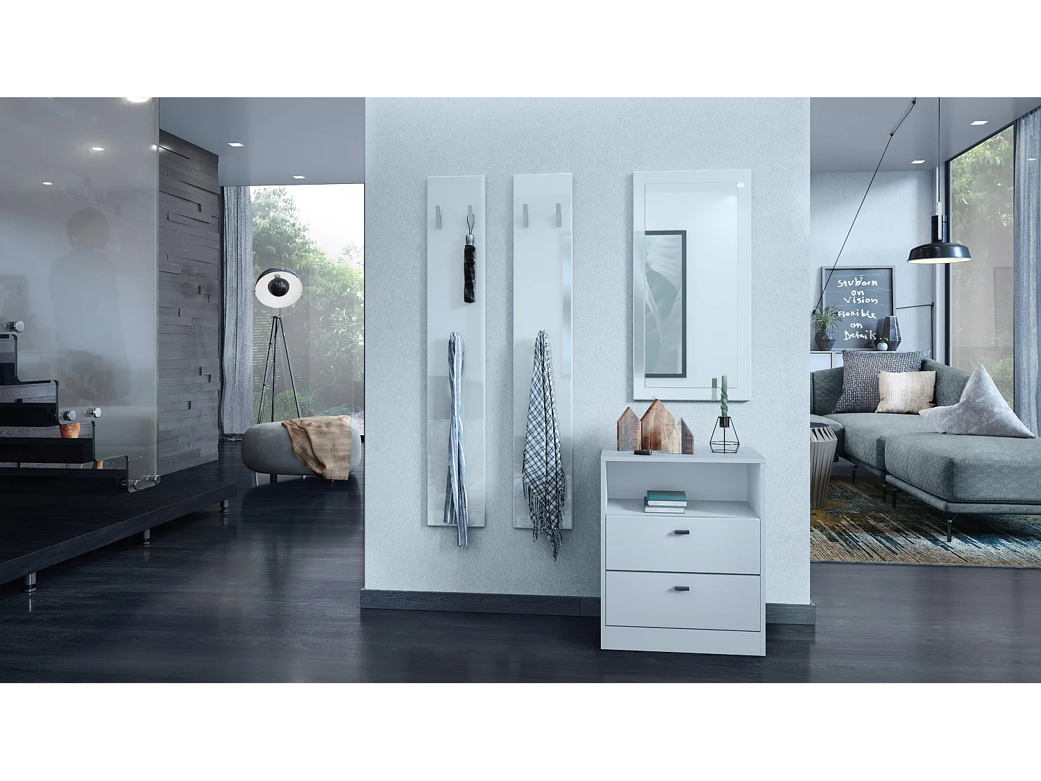 Comò Pino V1, Comodino con 2 cassetti e 1 vano a giorno, Bianco opaco/Bianco opaco senza LED (56 x 67,5 x 36 cm)