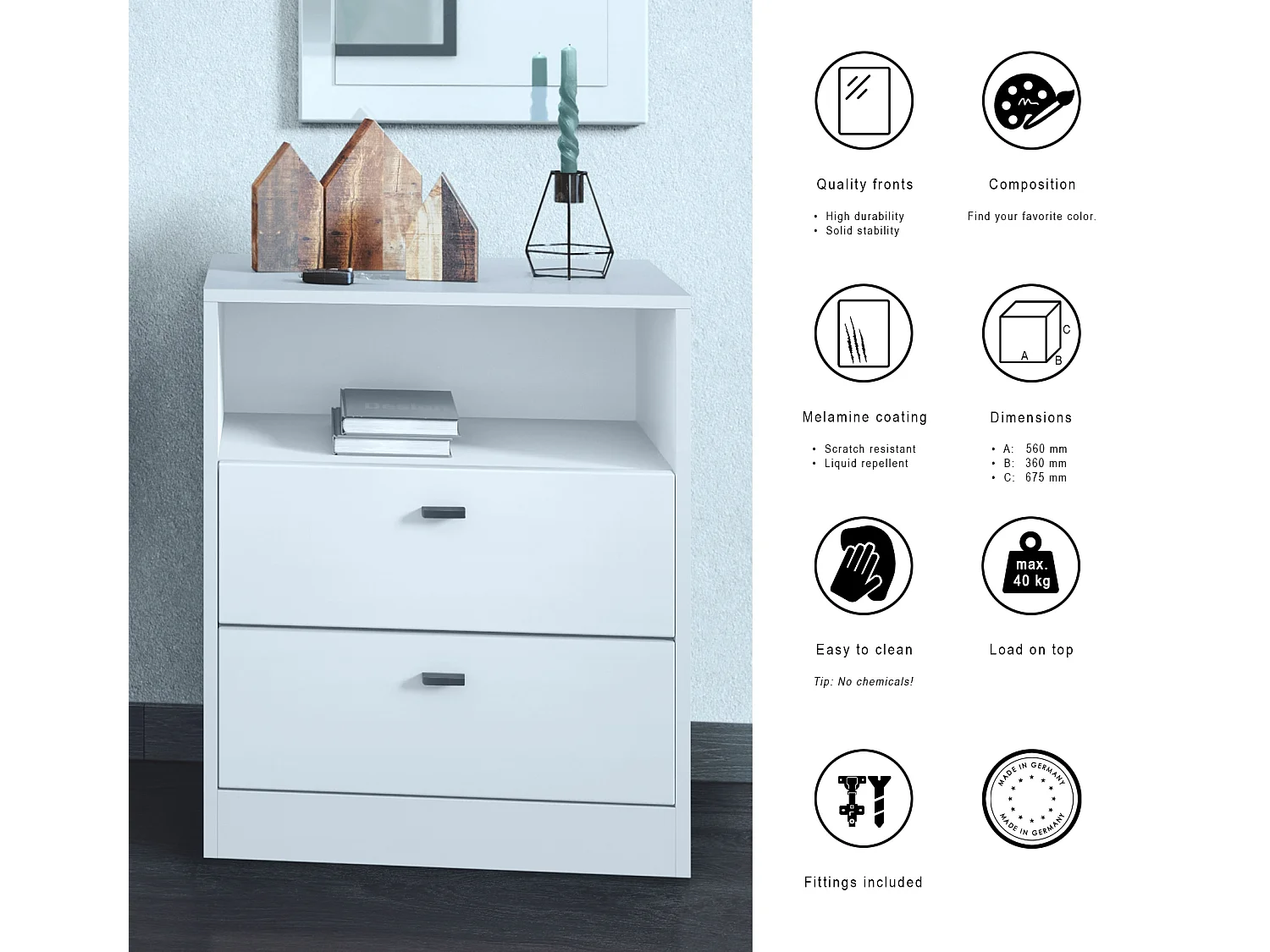 Comò Pino V1, Comodino con 2 cassetti e 1 vano a giorno, Bianco opaco/Bianco opaco senza LED (56 x 67,5 x 36 cm)