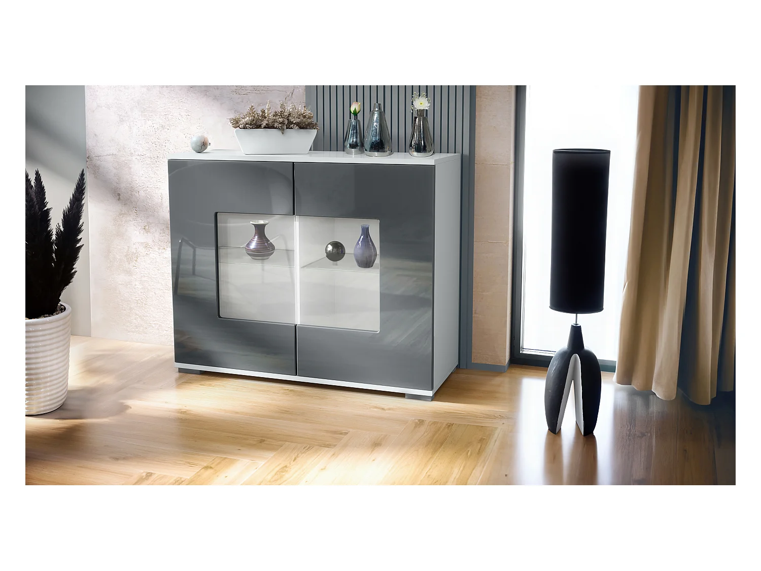 Commode Grömitz V3, Armoire de cuisine moderne avec 2 grandes portes vitrées blanc mat / gris haute brillance (92,5 x 75.5 x 35)