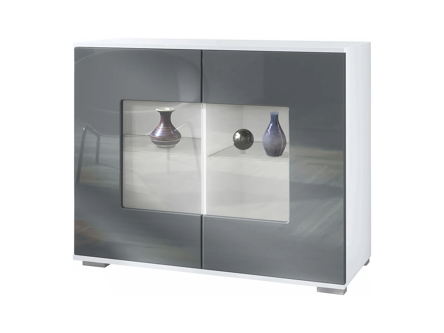 Commode Grömitz V3, Armoire de cuisine moderne avec 2 grandes portes vitrées blanc mat / gris haute brillance (92,5 x 75.5 x 35)