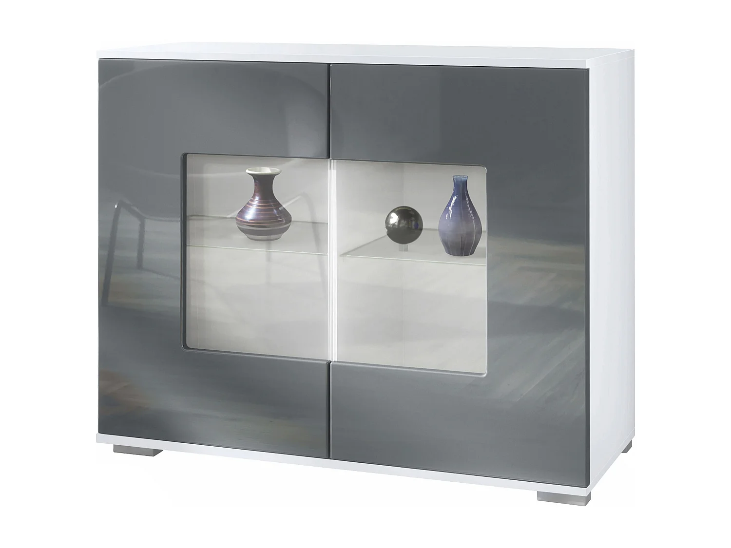 Cassettiera Grömitz V3, Mobile da cucina moderno con 2 grandi ante in vetro bianco opaco / grigio lucido (92,5 x 75.5 x 35)