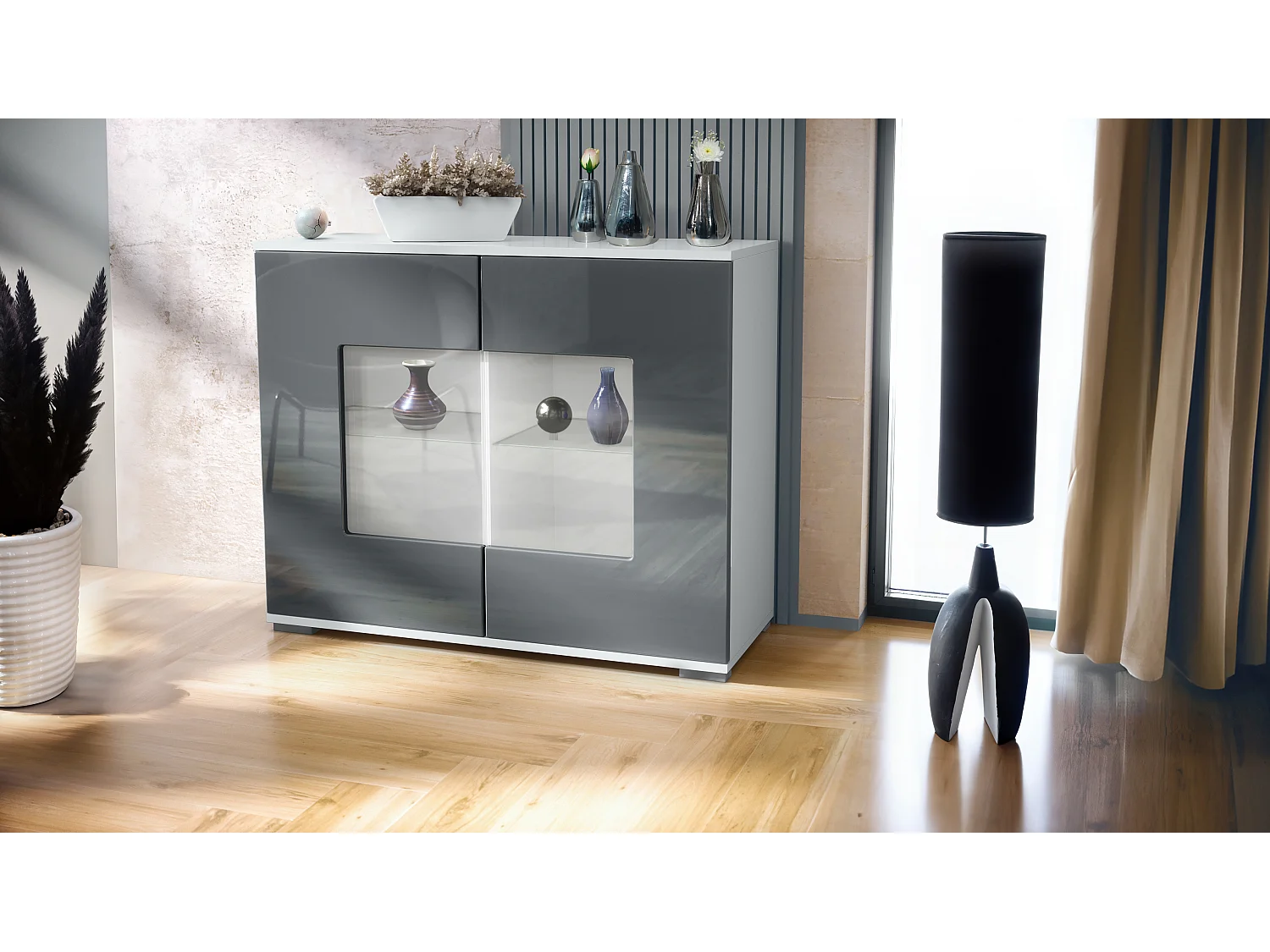Cassettiera Grömitz V3, Mobile da cucina moderno con 2 grandi ante in vetro bianco opaco / grigio lucido (92,5 x 75.5 x 35)