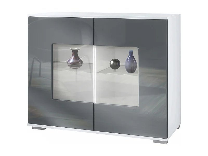 Commode Grömitz V3, Armoire de cuisine moderne avec 2 grandes portes vitrées blanc mat / gris haute brillance (92,5 x 75.5 x 35)