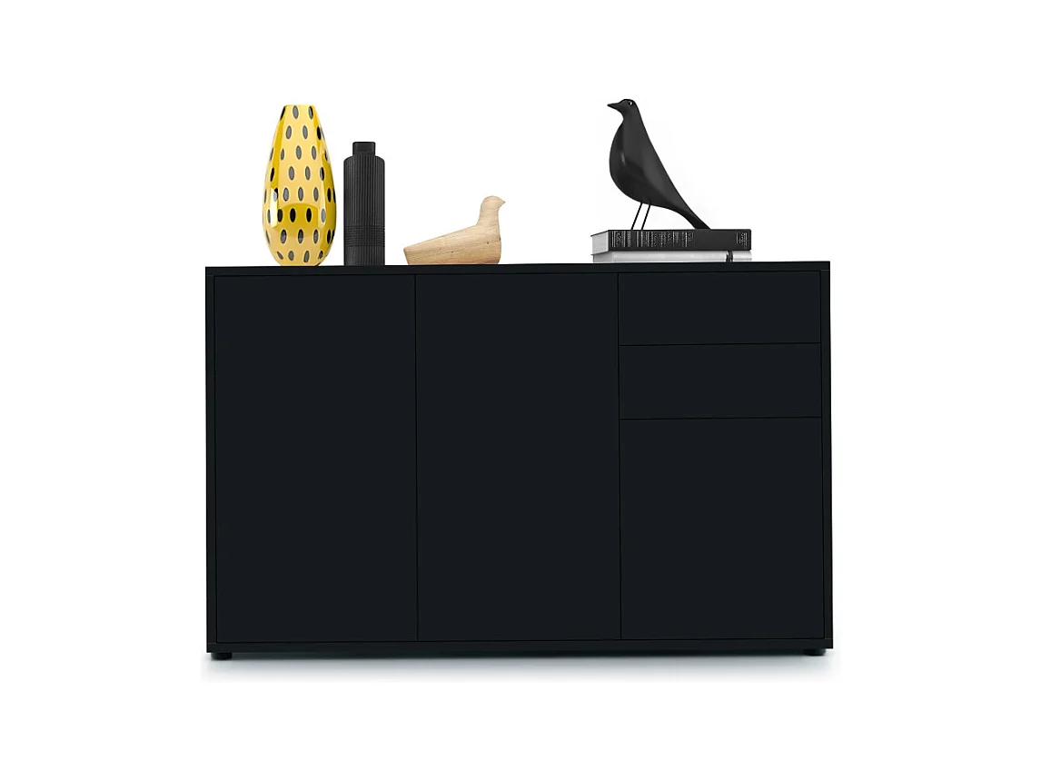 Buffet Ben V3, Commode avec 3 portes et 2 tiroirs, Noir mat/Noir mat (117 x 74 x 36 cm)
