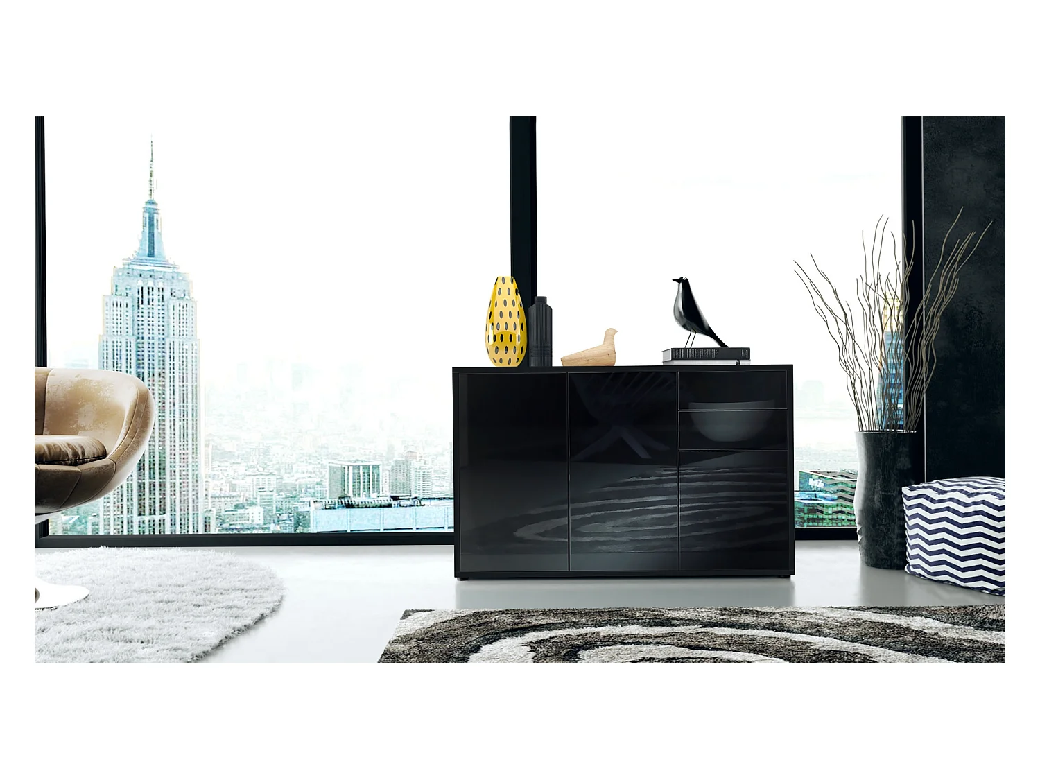 Buffet Ben V3, Commode avec 3 portes et 2 tiroirs, Noir mat/Noir mat (117 x 74 x 36 cm)