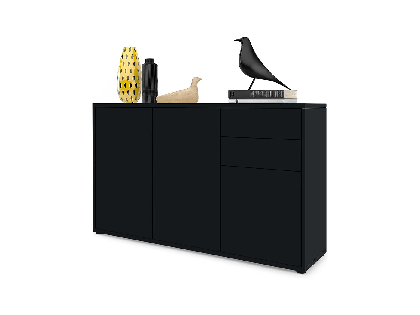 Buffet Ben V3, Commode avec 3 portes et 2 tiroirs, Noir mat/Noir mat (117 x 74 x 36 cm)