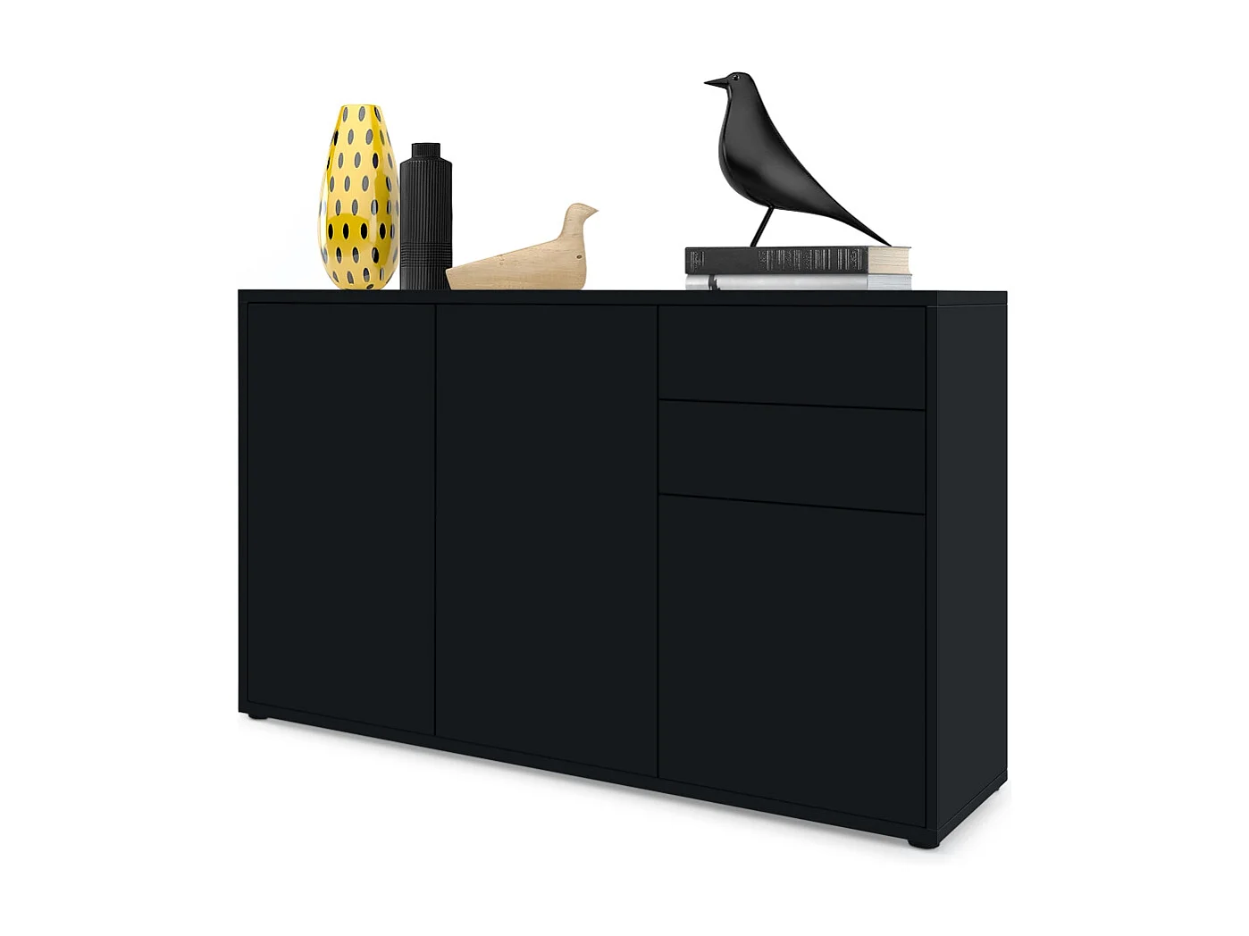 Buffet Ben V3, Commode avec 3 portes et 2 tiroirs, Noir mat/Noir mat (117 x 74 x 36 cm)