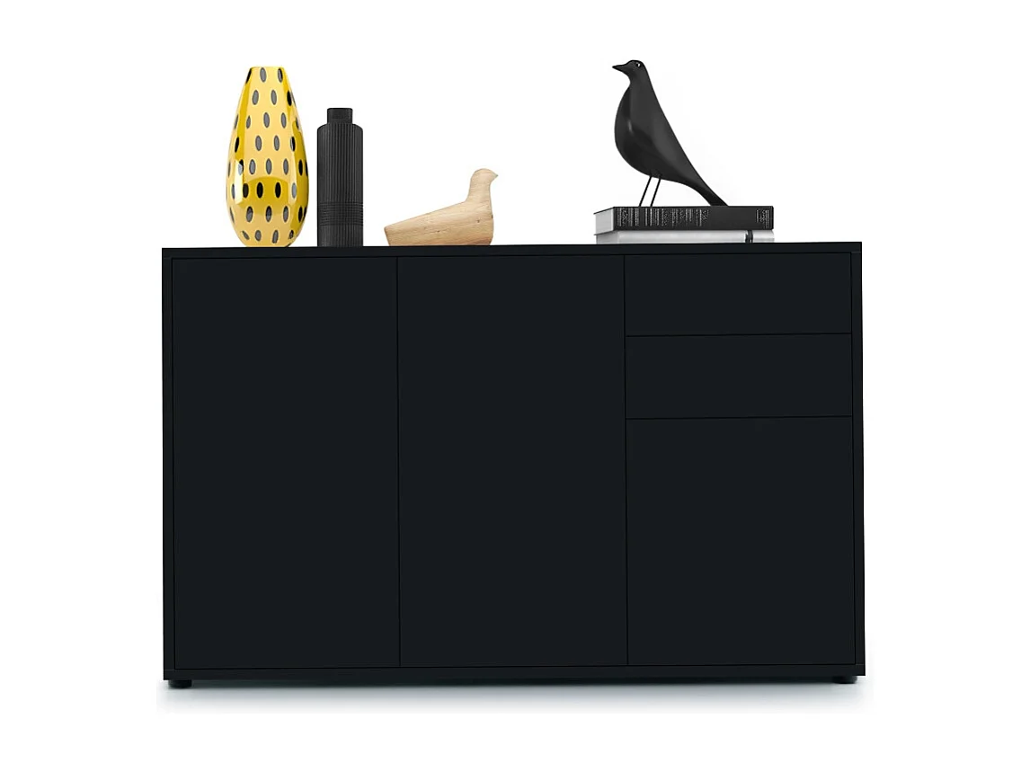 Buffet Ben V3, Commode avec 3 portes et 2 tiroirs, Noir mat/Noir mat (117 x 74 x 36 cm)