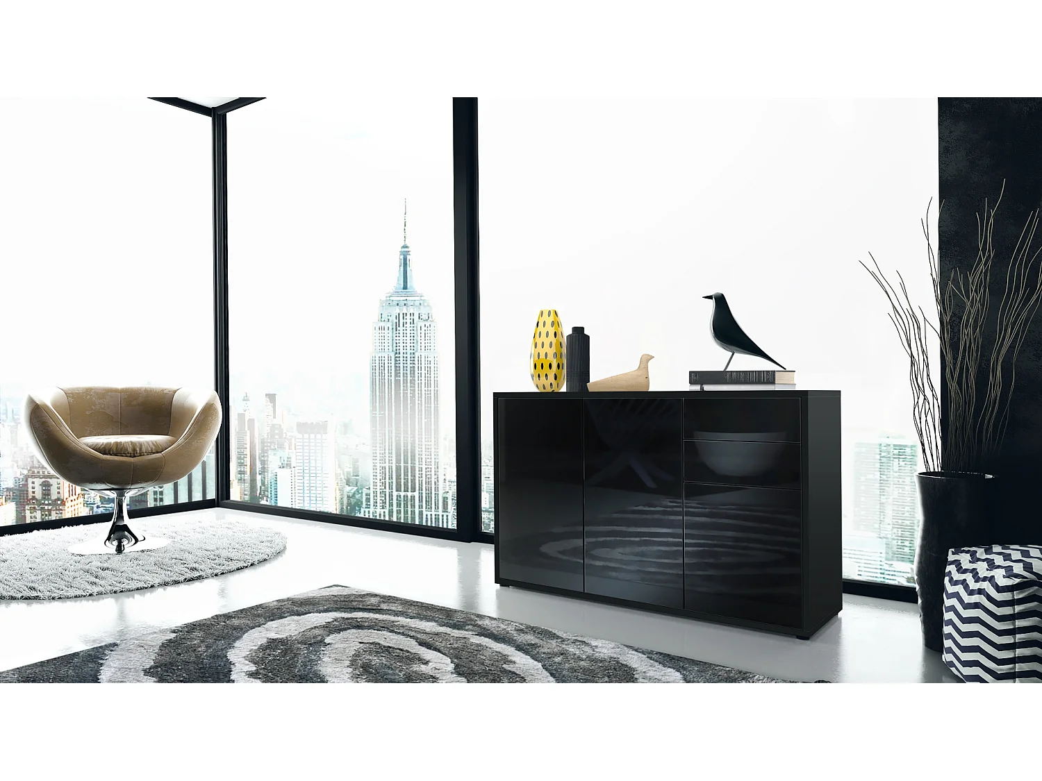 Buffet Ben V3, Commode avec 3 portes et 2 tiroirs, Noir mat/Noir mat (117 x 74 x 36 cm)