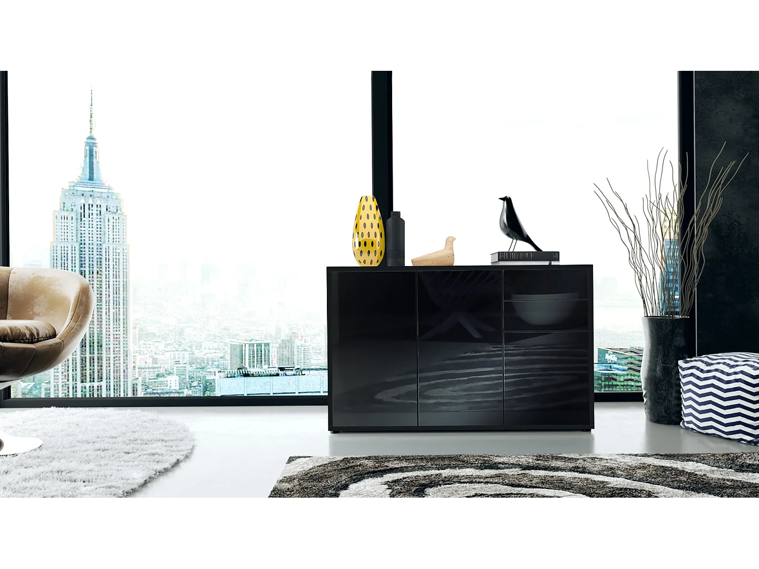 Buffet Ben V3, Commode avec 3 portes et 2 tiroirs, Noir mat/Noir mat (117 x 74 x 36 cm)