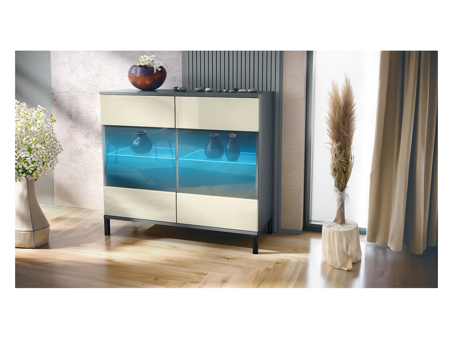 Commode Bari V3, Armoire de cuisine moderne avec 2 grandes portes vitrées incl. éclairage RGB anthracite mat / crème haute brillance (92,5 x 83.5 x 35)