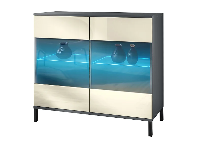 Cassettiera Bari V3, Mobile da cucina moderno con 2 grandi ante in vetro incl. illuminazione RGB antracite opaco  / beige lucido (92,5 x 83.5 x 35)