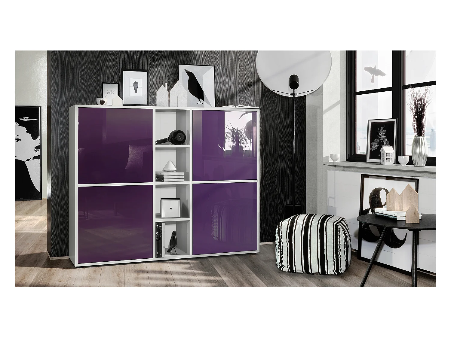 Highboard Cuba V3, blanc mat/mûre haute brillance - Buffet moderne à 12 compartiments (130,5 x 105,5 x 35,5 cm)