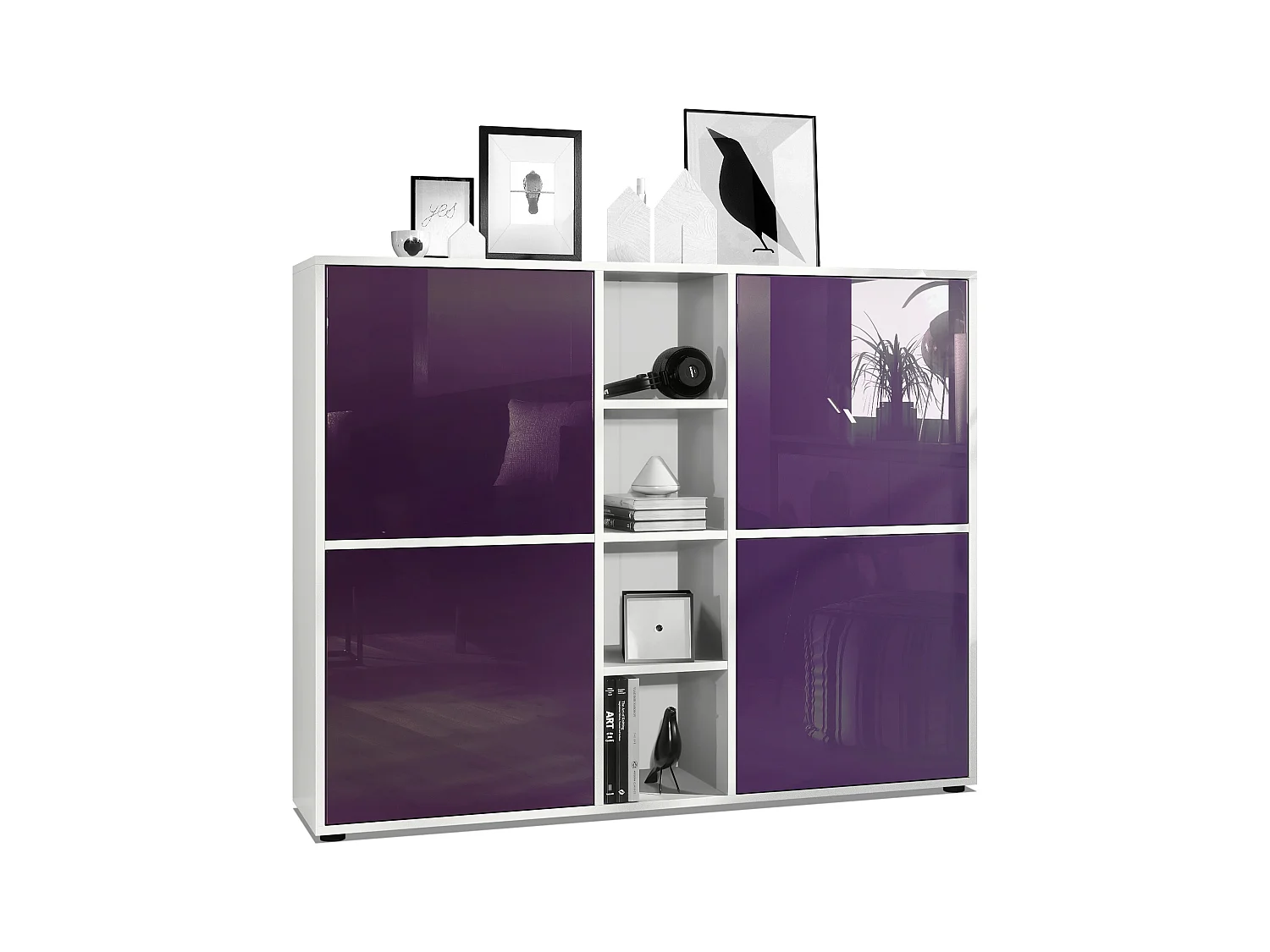 Highboard Cuba V3, blanc mat/mûre haute brillance - Buffet moderne à 12 compartiments (130,5 x 105,5 x 35,5 cm)