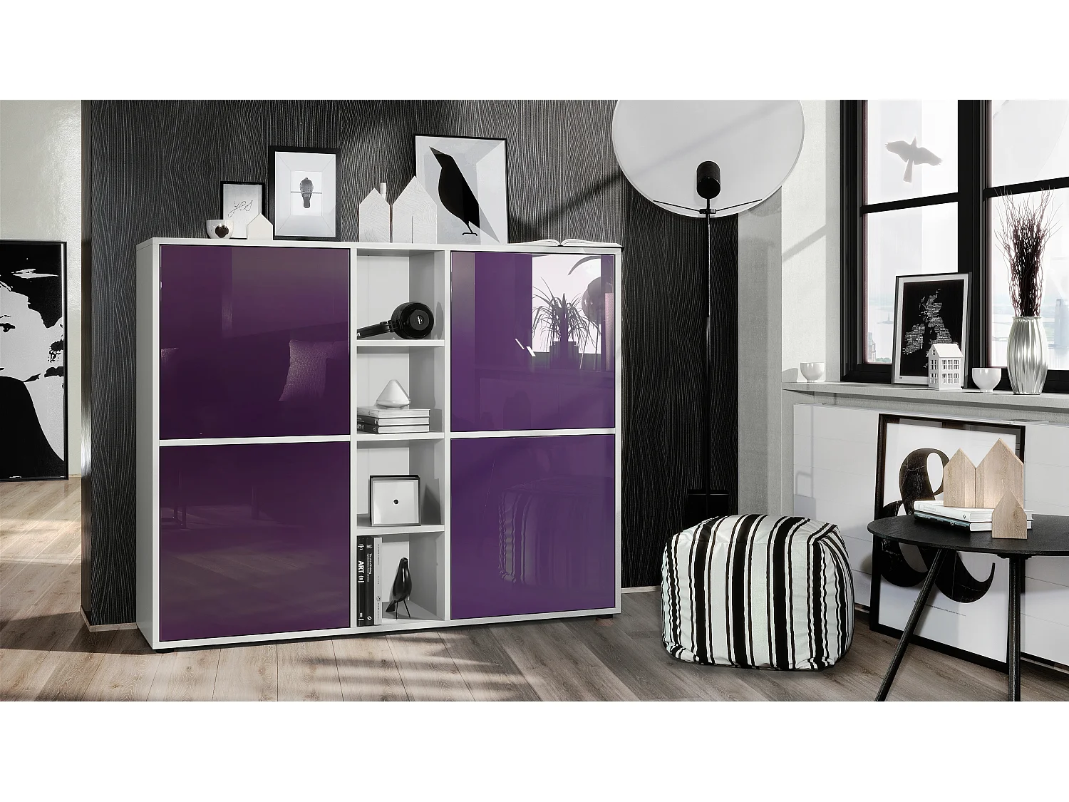 Vladon Credenza Cuba V3, bianco opaco/violetto porpora lucido - Credenza moderna con 12 scomparti (130,5 x 105,5 x 35,5 cm)