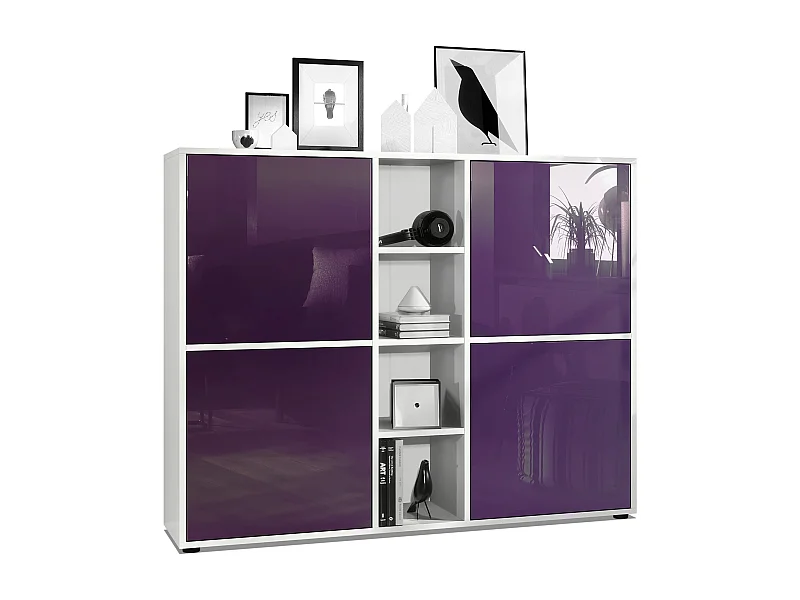 Vladon Highboard Cuba V3, blanco mate/zarzamora de alto brillo - Aparador moderno con 12 compartimentos (130,5 x 105,5 x 35,5 cm)