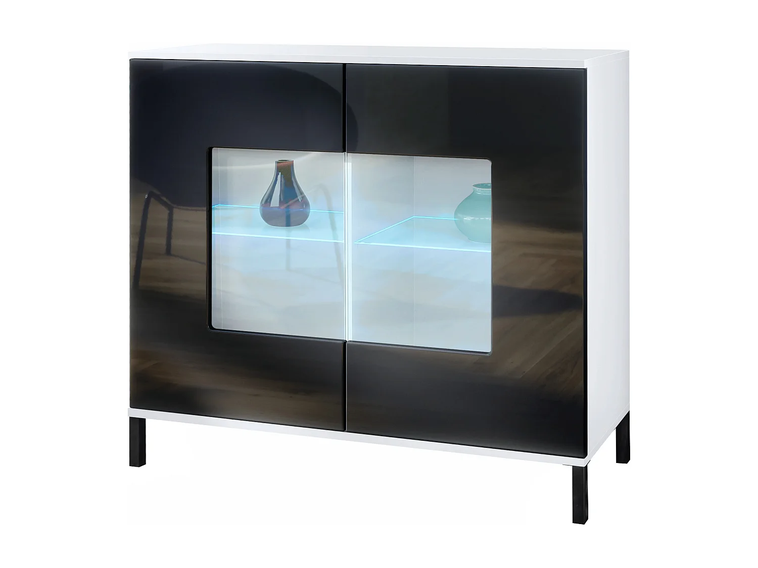 Commode Grömitz V3, Armoire de cuisine moderne avec 2 grandes portes vitrées incl. éclairage RGB blanc mat / noir haute brillance (92,5 x 83.5 x 35)