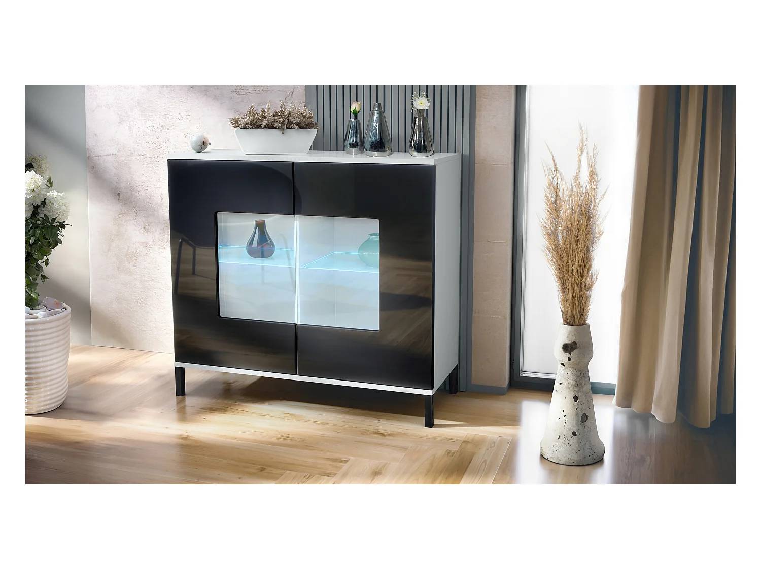 Commode Grömitz V3, Armoire de cuisine moderne avec 2 grandes portes vitrées incl. éclairage RGB blanc mat / noir haute brillance (92,5 x 83.5 x 35)