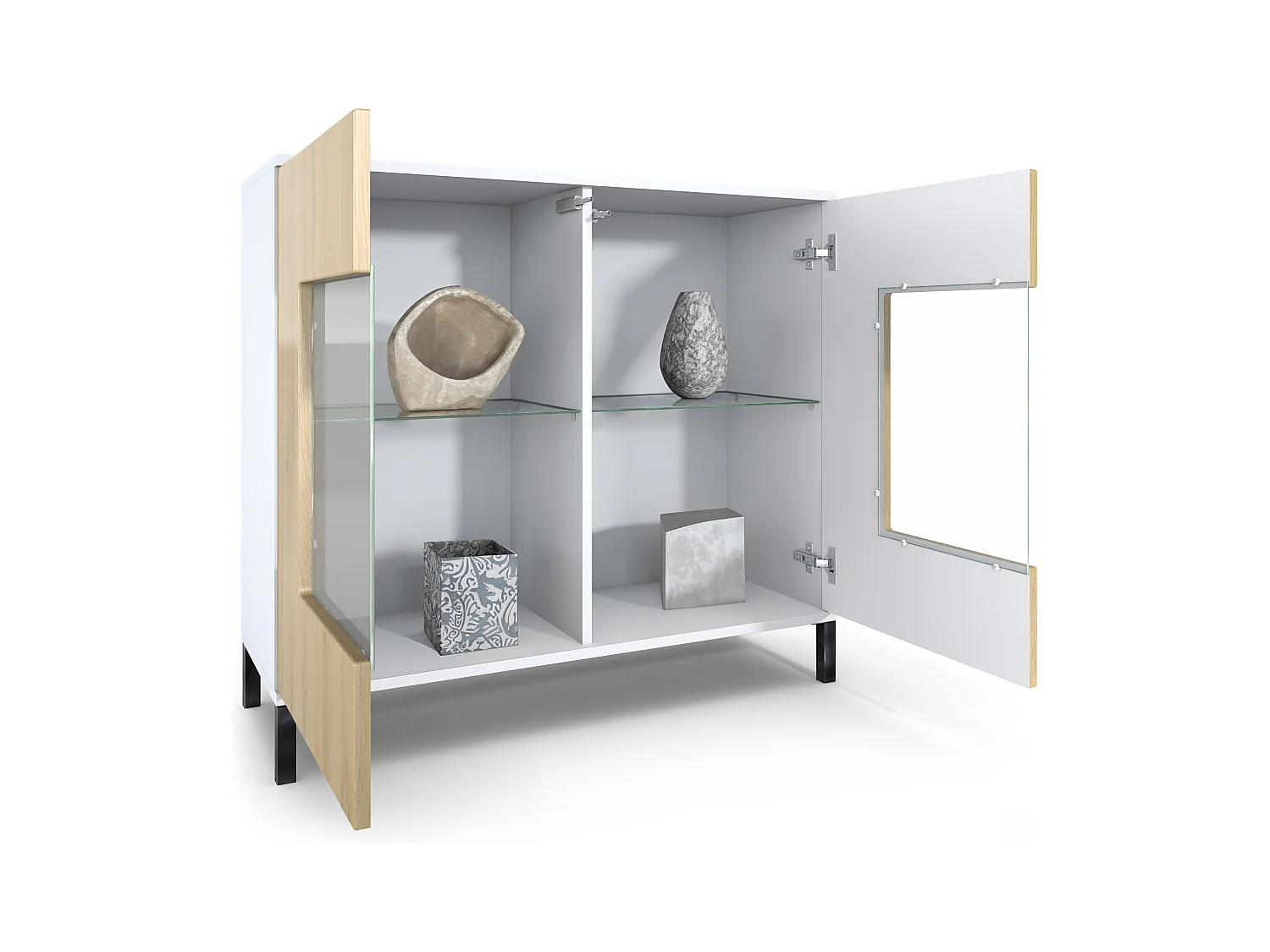 Commode Grömitz V3, Armoire de cuisine moderne avec 2 grandes portes vitrées incl. éclairage RGB blanc mat / noir haute brillance (92,5 x 83.5 x 35)