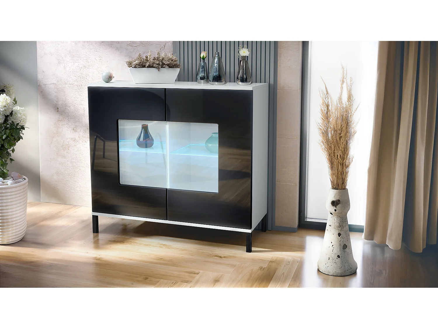 Commode Grömitz V3, Armoire de cuisine moderne avec 2 grandes portes vitrées incl. éclairage RGB blanc mat / noir haute brillance (92,5 x 83.5 x 35)
