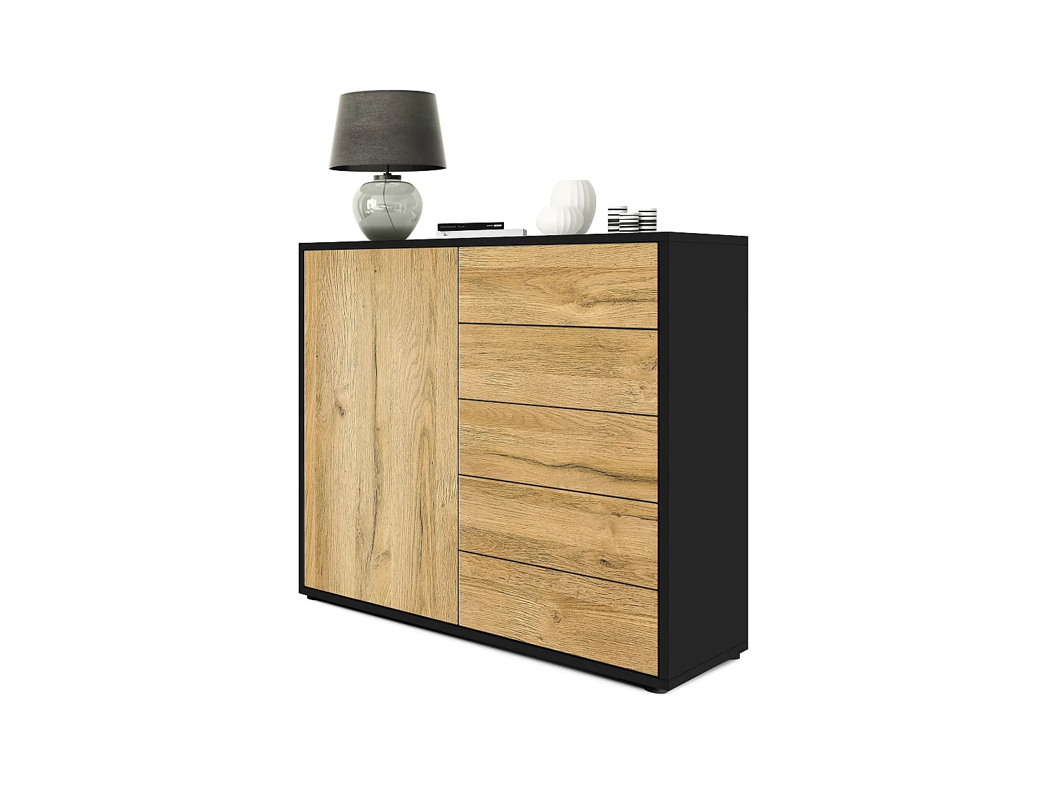 Buffet Ben V2, Commode avec 1 portes et 5 tiroirs, Noir mat/Chêne Nature (79 x 74 x 36 cm)