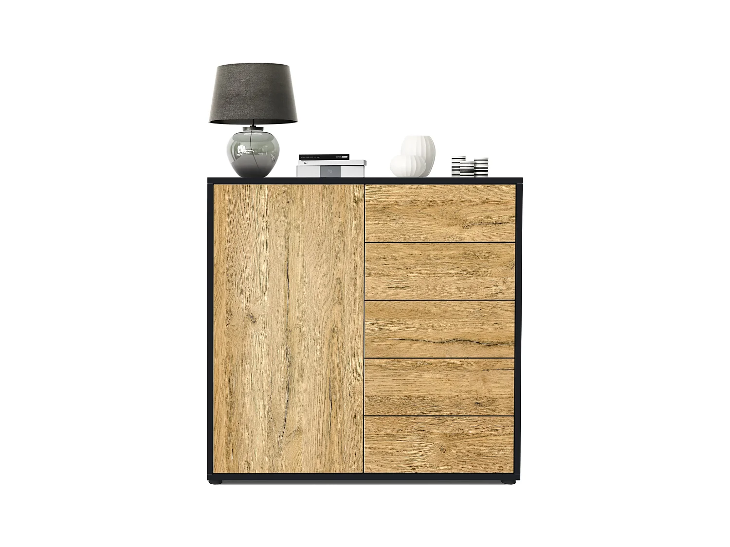 Buffet Ben V2, Commode avec 1 portes et 5 tiroirs, Noir mat/Chêne Nature (79 x 74 x 36 cm)