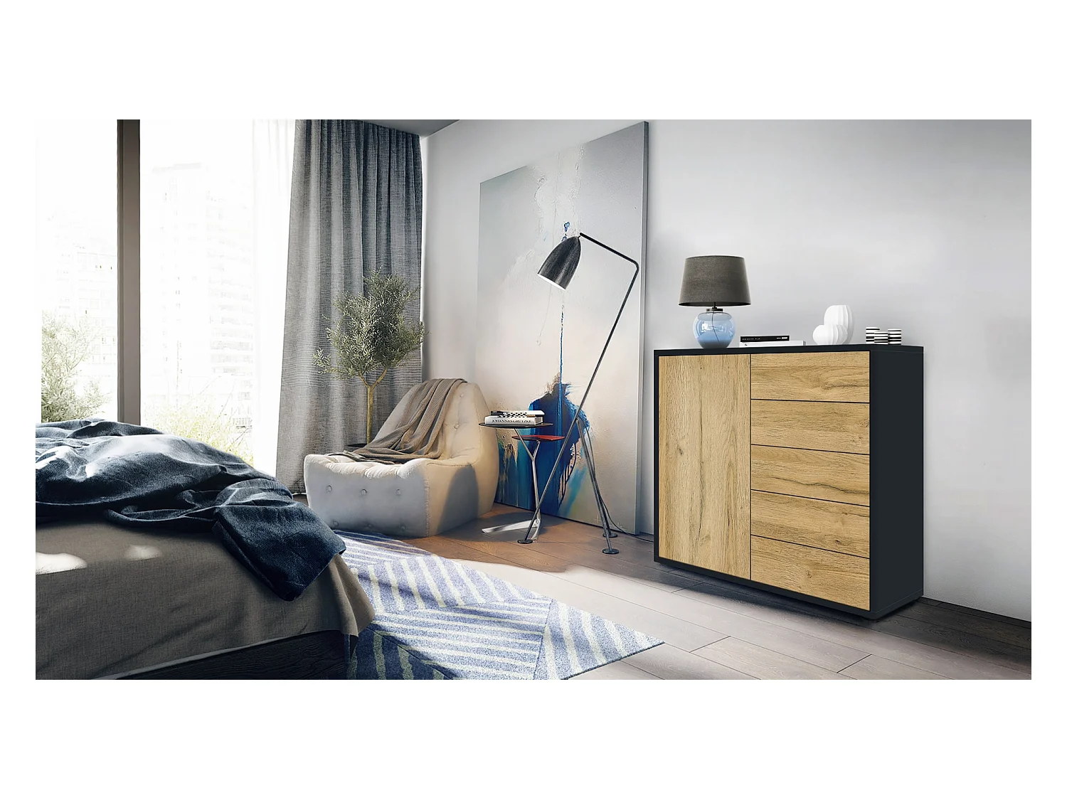 Buffet Ben V2, Commode avec 1 portes et 5 tiroirs, Noir mat/Chêne Nature (79 x 74 x 36 cm)