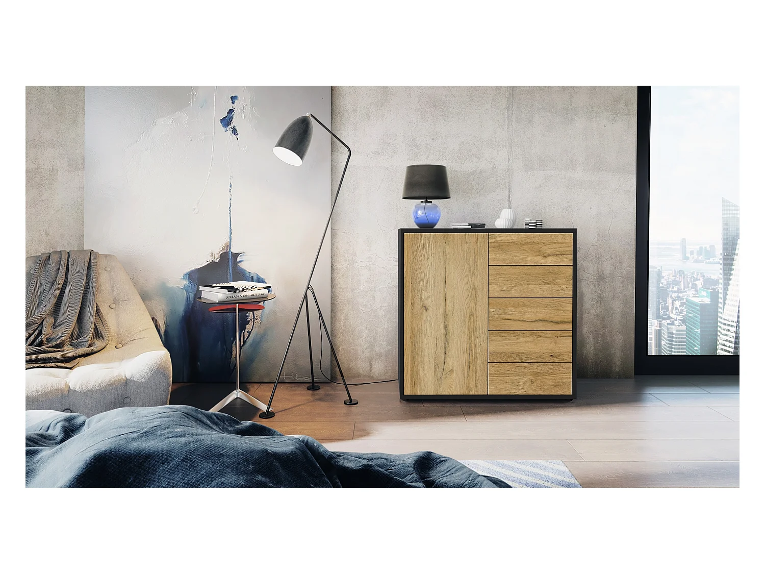 Buffet Ben V2, Commode avec 1 portes et 5 tiroirs, Noir mat/Chêne Nature (79 x 74 x 36 cm)