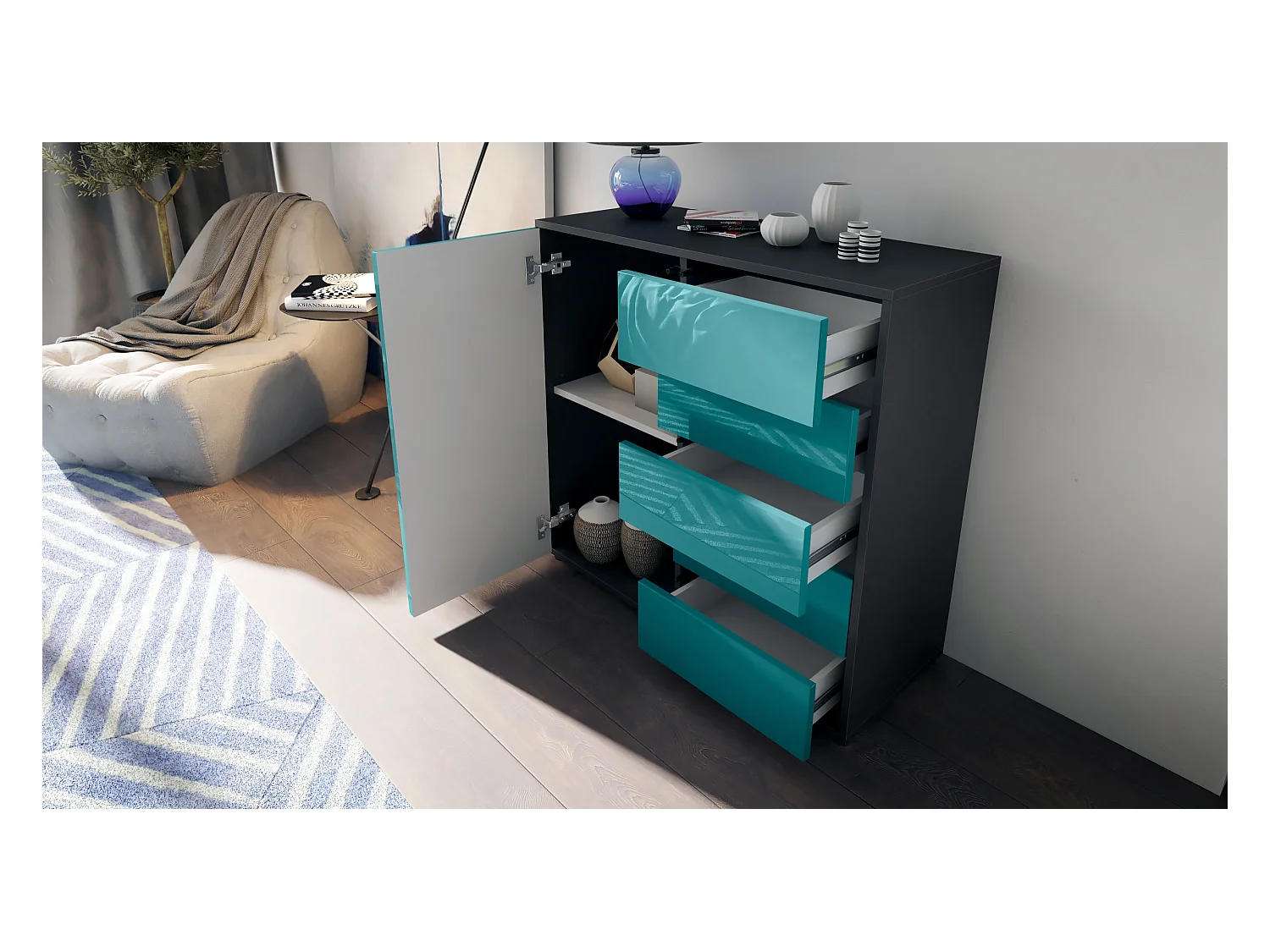 Buffet Ben V2, Commode avec 1 portes et 5 tiroirs, Noir mat/Chêne Nature (79 x 74 x 36 cm)