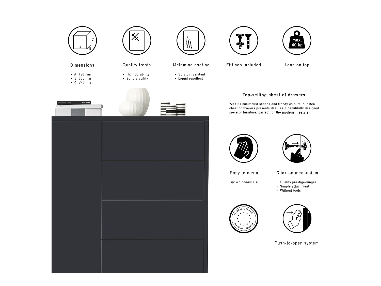 Buffet Ben V2, Commode avec 1 portes et 5 tiroirs, Noir mat/Chêne Nature (79 x 74 x 36 cm)