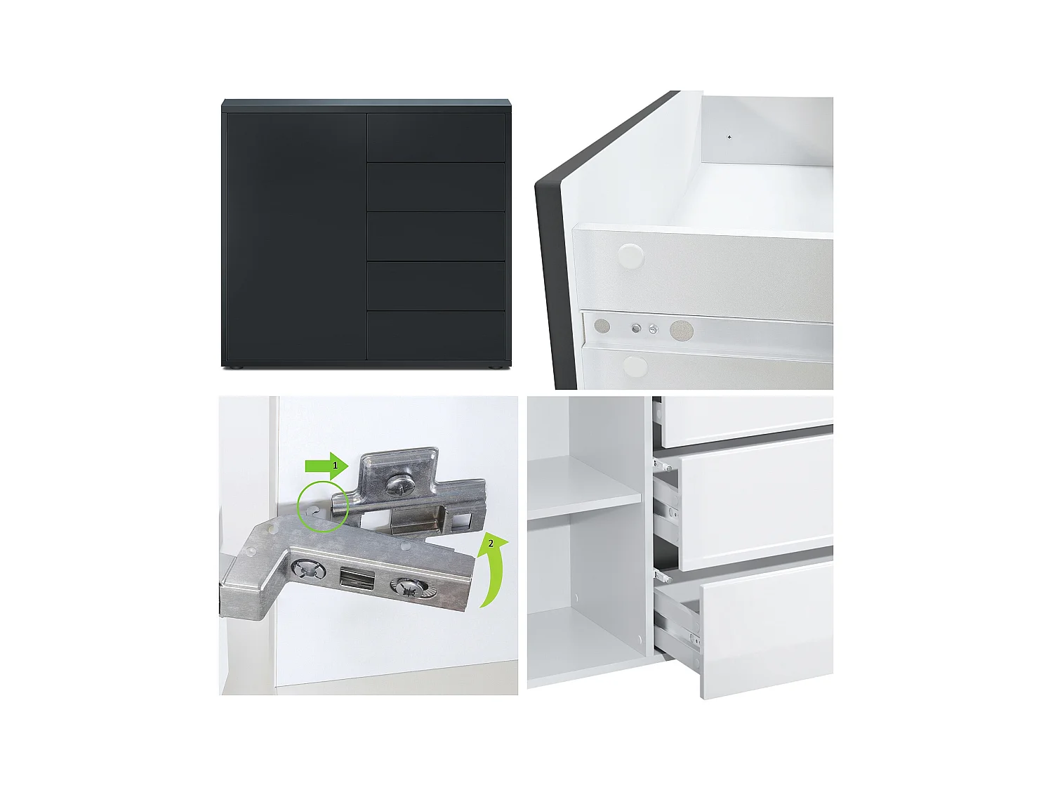 Buffet Ben V2, Commode avec 1 portes et 5 tiroirs, Noir mat/Chêne Nature (79 x 74 x 36 cm)